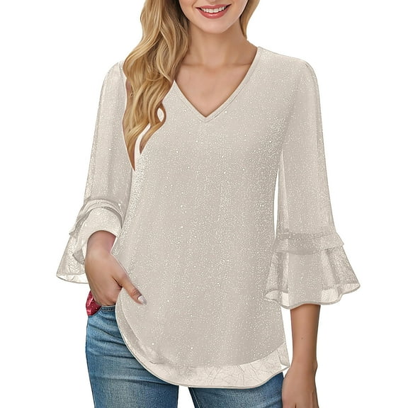 Giftesty Women's Elegant Sparkle Gold Foil Ruffle Trim Crew Neck 3/4 Sleeve Double Layer Mesh Dress Top for Daily Party Wear