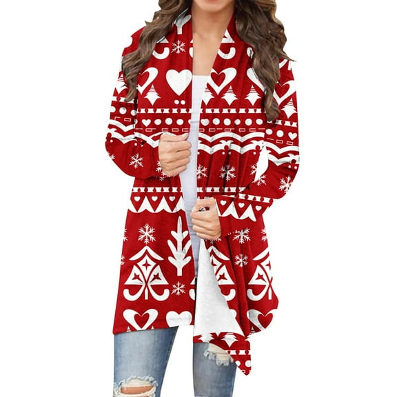Giftesty Women's Fall Winter Christmas Print Crew Neck Long Sleeve Casual Cardigan Jacket Outerwear Top for Holiday Daily Wear