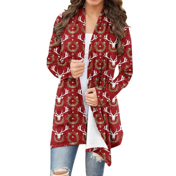 Giftesty Women's Fall Winter Christmas Print Crew Neck Long Sleeve Casual Cardigan Jacket Outerwear Top for Holiday Daily Wear