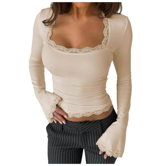 Giftesty Women's Fall Winter Solid Color Square Neck Long Sleeve Elegant Casual Versatile Slim Fit Pullover Top for Daily Wear