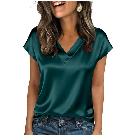 Giftesty Women's Fashion Casual Solid Color Satin V Neck Short Sleeve Loose Top for Daily Wear