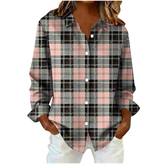 Giftesty Women's Fashion Loose Casual Long Sleeve Button Collar Striped Plaid Print Daily Wear Shirt