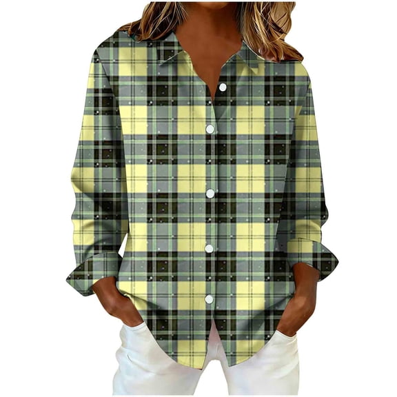 Giftesty Women's Fashion Loose Casual Long Sleeve Button Collar Striped Plaid Print Daily Wear Shirt