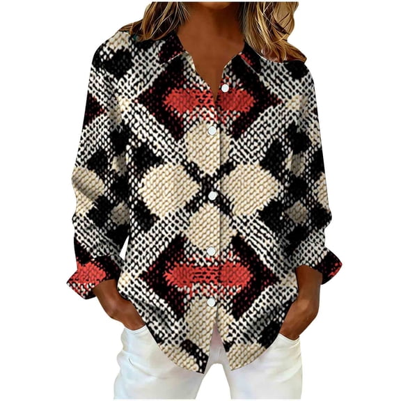 Giftesty Women's Fashion Loose Casual Long Sleeve Button Collar Striped Plaid Print Daily Wear Shirt