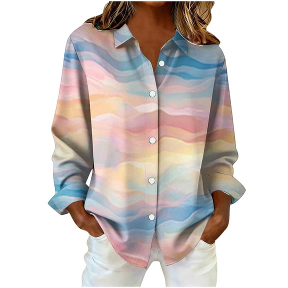 Giftesty Women's Fashion Loose Casual Long Sleeve Button Collar Striped Plaid Print Daily Wear Shirt