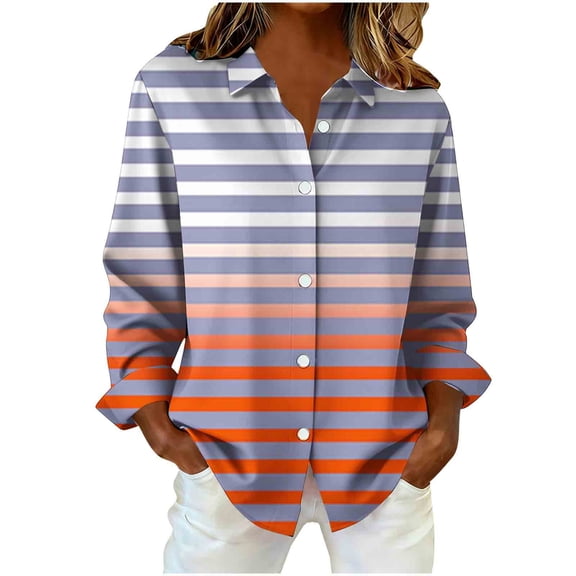 Giftesty Women's Fashion Loose Casual Long Sleeve Button Collar Striped Plaid Print Daily Wear Shirt