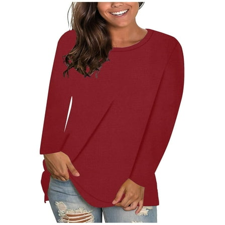 Giftesty Women's Fashion Plus Size Solid Loose Fit Basic Tees Round Neck Long Sleeve T-Shirt Pullover Tops
