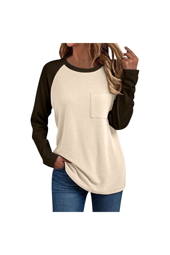 Women's Fashion Pocket Shirt, Solid Color Long Sleeve Round Neck Top with Functional and Stylish Chest Pocket