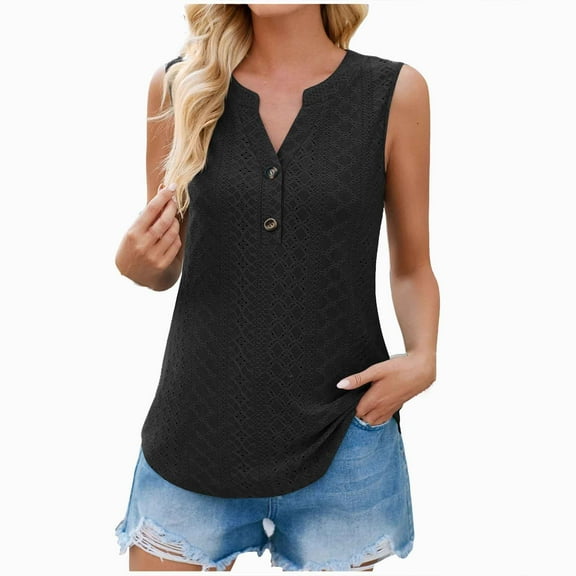 Giftesty Women's Fashion Sleeveless V-Neck Tops Working Uniform Printing Button Blouse Tops Black M