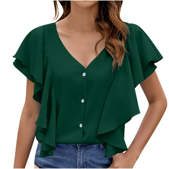 Giftesty Women's Fashionable And Casual Ruffle Sleeve Single Breasted Short Sleeved V-Neck Top Button Shirt