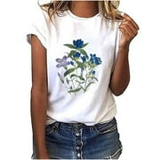 Giftesty Women's Floral Plant Print Female Round Neck Loose T-Shirt