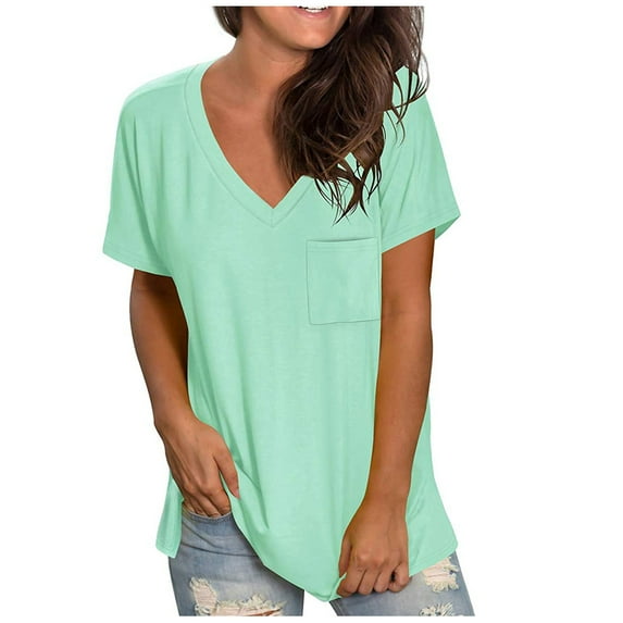 Giftesty Women's Gradient Solid Blouse V-Neck Short Sleeve Loose T-Shirt Pockets Tops