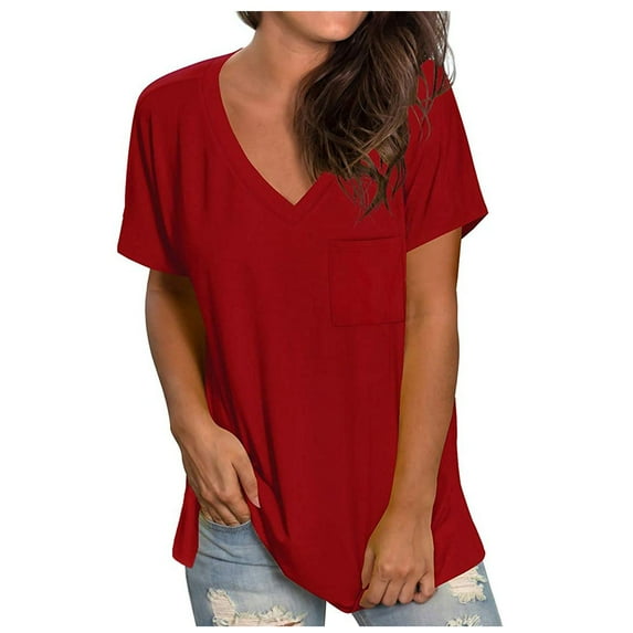 Giftesty Women's Gradient Solid Blouse V-Neck Short Sleeve Loose T-Shirt Pockets Tops