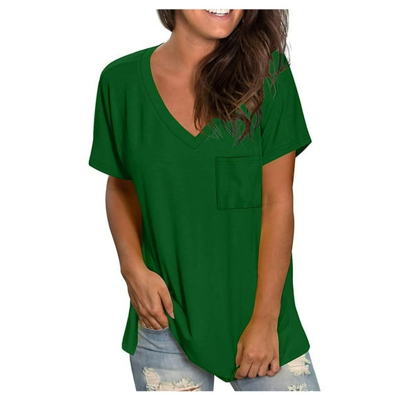 Giftesty Women's Gradient Solid Blouse V-Neck Short Sleeve Loose T-Shirt Pockets Tops