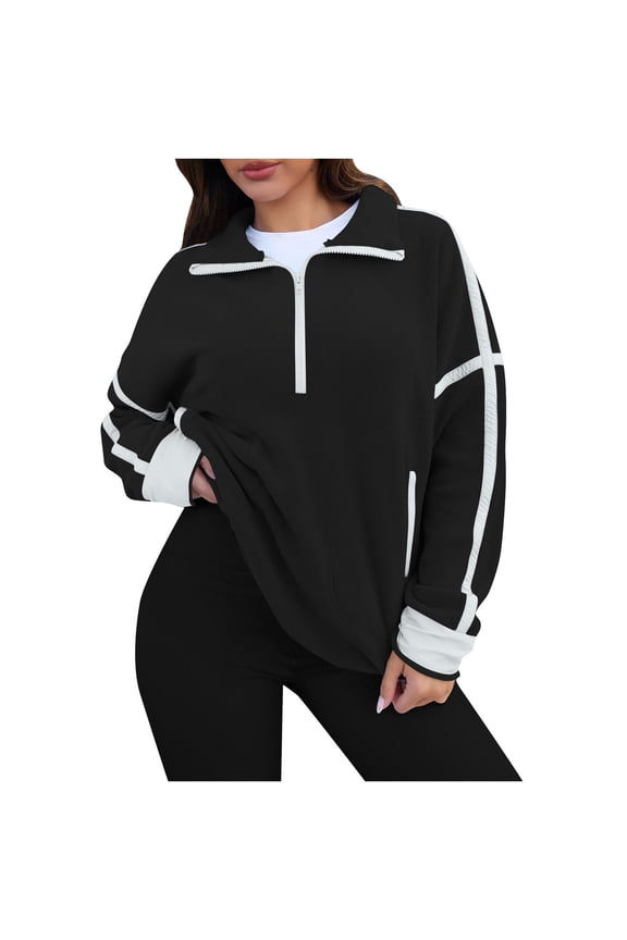 Women's Half Turtleneck Zipper Sweater, Casual Drawstring Short Loose Top with Unique Modern Design Details