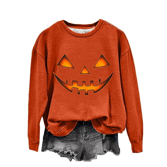 Giftesty Women's Halloween Print Crew Neck Loose Fit Long Sleeve Stylish Soft Casual Sweatshirt Top for Halloween Celebrations Daily Wear