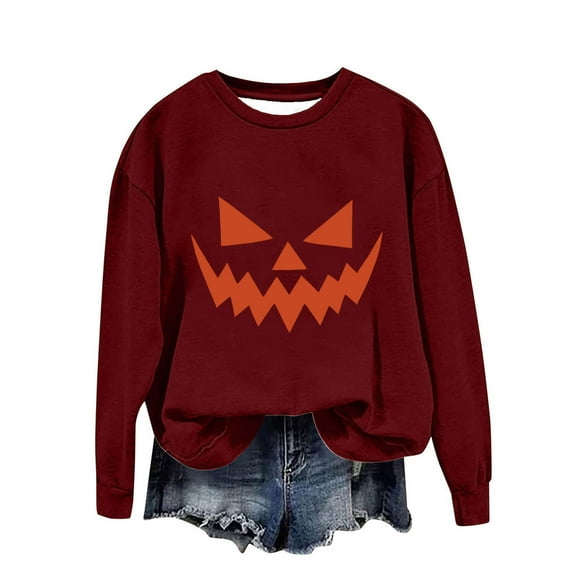 Giftesty Women's Halloween Print Crew Neck Loose Fit Long Sleeve Stylish Soft Casual Sweatshirt Top for Halloween Celebrations Daily Wear