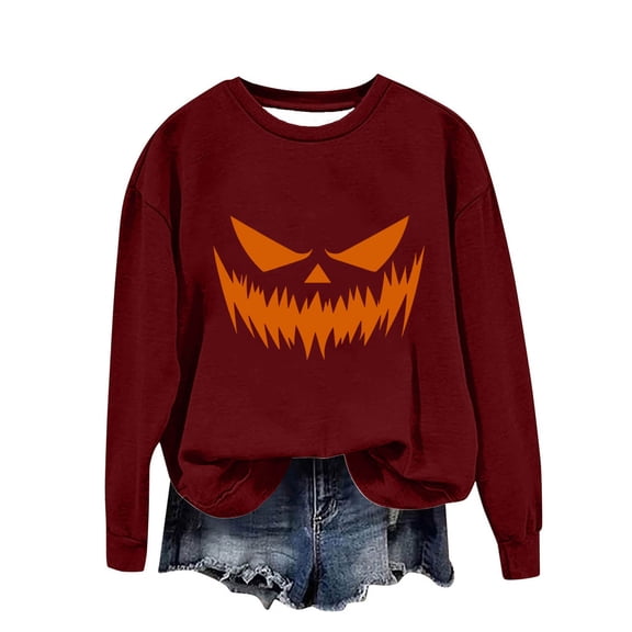 Giftesty Women's Halloween Print Crew Neck Loose Fit Long Sleeve Stylish Soft Casual Sweatshirt Top for Halloween Celebrations Daily Wear