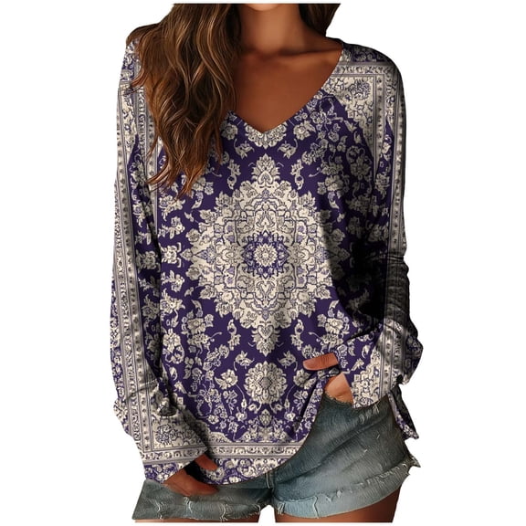 Giftesty Women's Loose Fit Blue Floral Print V-Neck Long Sleeve Vintage Casual Soft Lightweight Drawstring Detail Blouse Top