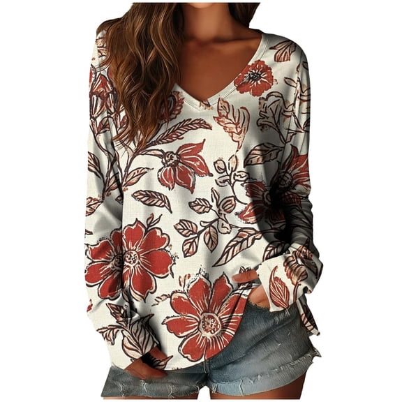 Giftesty Women's Loose Fit Blue Floral Print V-Neck Long Sleeve Vintage Casual Soft Lightweight Drawstring Detail Blouse Top