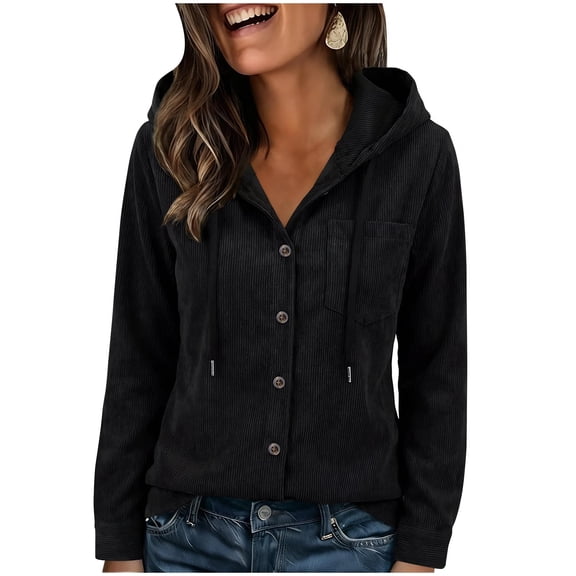 Giftesty Women's Loose Fit Multi-Color Hooded Long Sleeve Corduroy Chest Pocket Casual Jacket Top