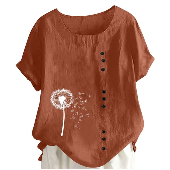Giftesty Women's Loose Fit Multi-Color Round Neck Short Sleeve Breathable Button Detail Printed Spring Summer Casual Stylish T-Shirt Top