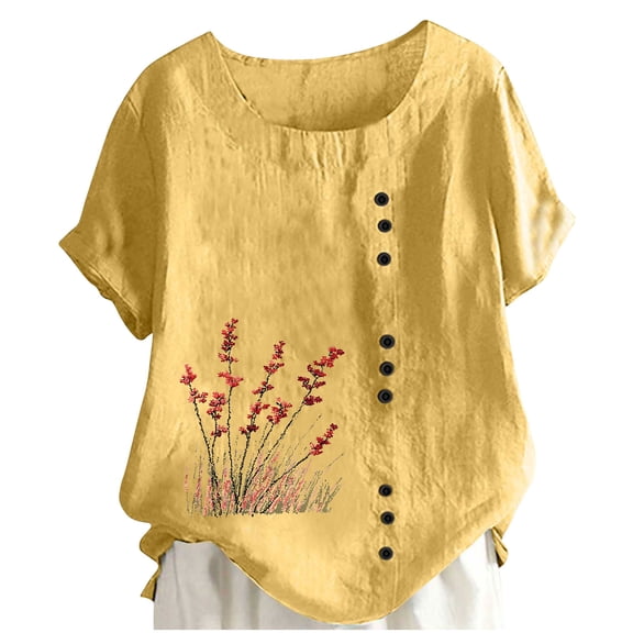 Giftesty Women's Loose Fit Multi-Color Round Neck Short Sleeve Breathable Button Detail Printed Spring Summer Casual Stylish T-Shirt Top