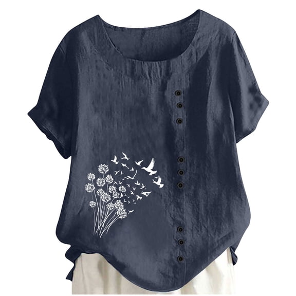 Giftesty Women's Loose Fit Multi-Color Round Neck Short Sleeve Breathable Button Detail Printed Spring Summer Casual Stylish T-Shirt Top