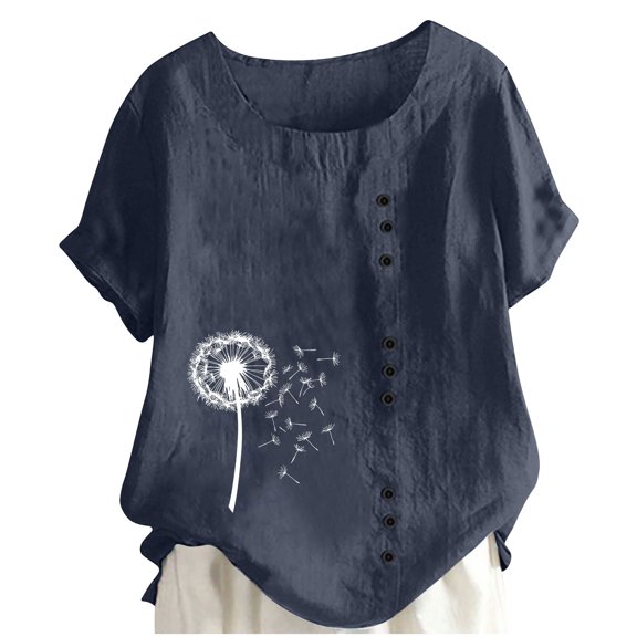 Giftesty Women's Loose Fit Multi-Color Round Neck Short Sleeve Breathable Button Detail Printed Spring Summer Casual Stylish T-Shirt Top