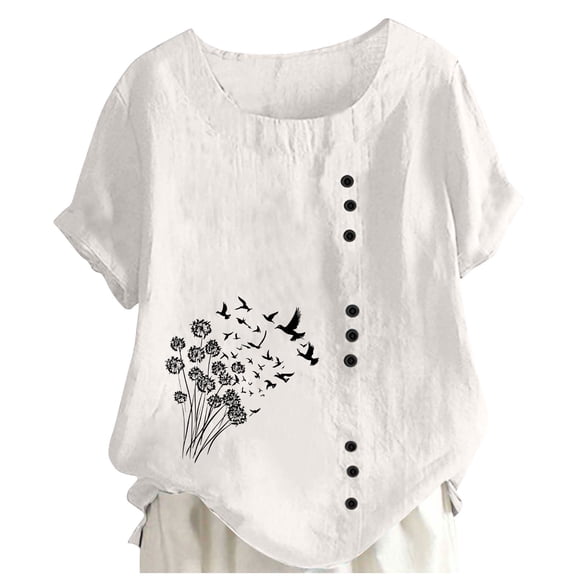Giftesty Women's Loose Fit Multi-Color Round Neck Short Sleeve Breathable Button Detail Printed Spring Summer Casual Stylish T-Shirt Top