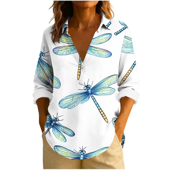 Giftesty Women's Loose Fit Multi-Color Turn-Down Collar Long Sleeve Casual Stylish Unpositioned Print Button Detail T-Shirt Top