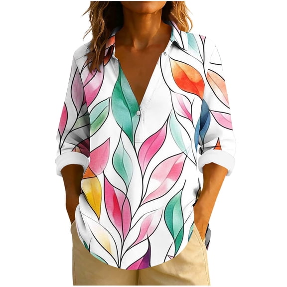 Giftesty Women's Loose Fit Multi-Color Turn-Down Collar Long Sleeve Casual Stylish Unpositioned Print Button Detail T-Shirt Top