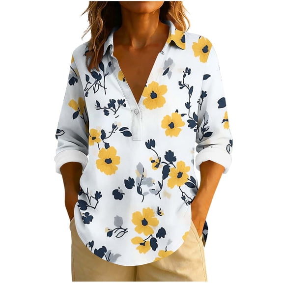 Giftesty Women's Loose Fit Multi-Color Turn-Down Collar Long Sleeve Casual Stylish Unpositioned Print Button Detail T-Shirt Top