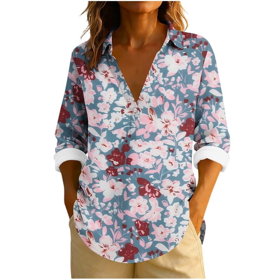 Giftesty Women's Loose Fit Multi-Color Turn-Down Collar Long Sleeve Casual Stylish Unpositioned Print Button Detail T-Shirt Top