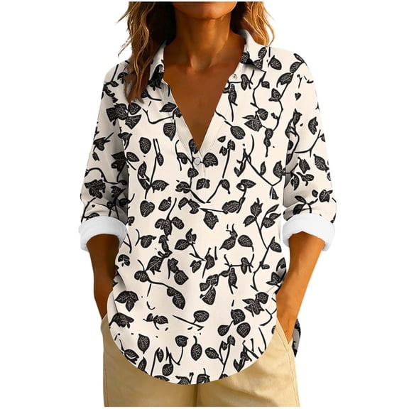 Giftesty Women's Loose Fit Multi-Color Turn-Down Collar Long Sleeve Casual Stylish Unpositioned Print Button Detail T-Shirt Top