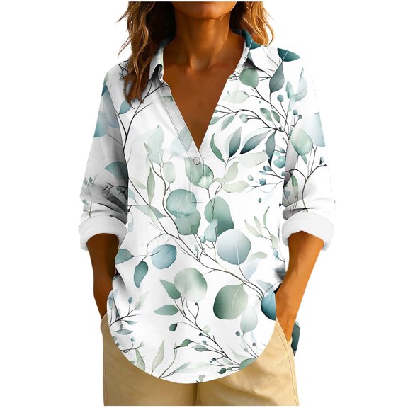 Giftesty Women's Loose Fit Multi-Color Turn-Down Collar Long Sleeve Casual Stylish Unpositioned Print Button Detail T-Shirt Top