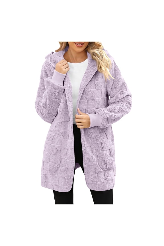 Women's Loose Fit Solid Multi-Color Hooded Long Sleeve Plush Soft Warm Casual Fleece Coat