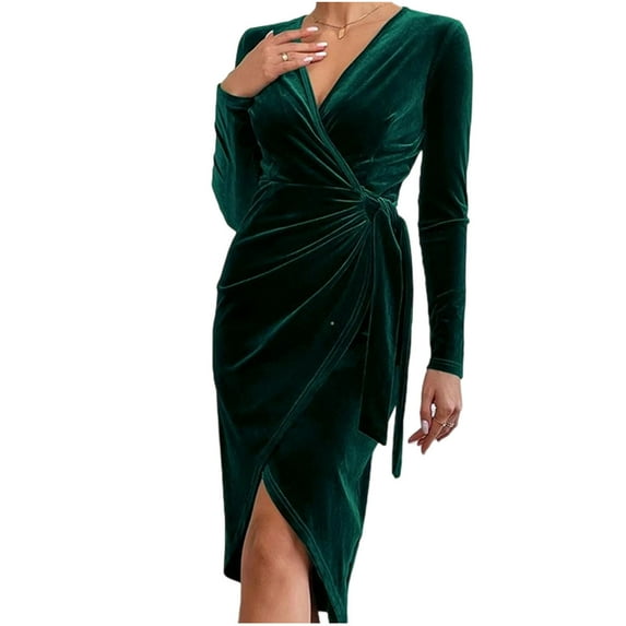 Giftesty Women's Luxury Velvet Slim Fit Bodycon V Neck Long Sleeve Elegant Solid Color Dress for Daily Party Special Occasions