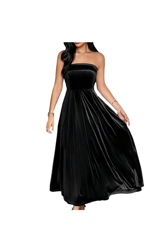 Women's Luxury Velvet Solid Color Strapless Sleeveless Elegant Formal Evening Gala Dress for Special Occasions
