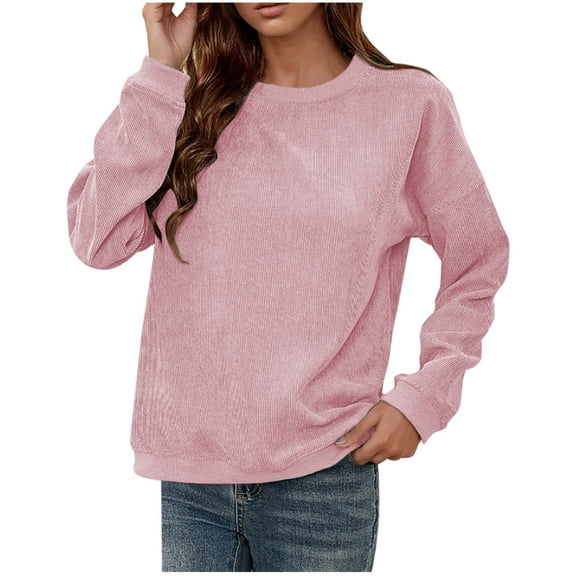 Giftesty Women's New Ribbed Hoodie Casual Round Neck Pullover Long Sleeved Top