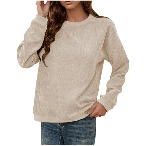 Giftesty Women's New Ribbed Hoodie Casual Round Neck Pullover Long Sleeved Top