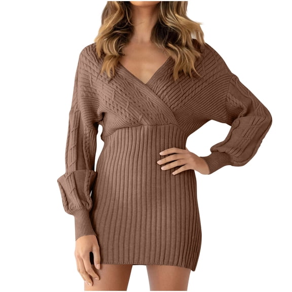 Giftesty Women's New Style Cable Knit Sweater Midi Bodycon Solid Color V Neck Long Sleeve Dress for Daily Casual Wear