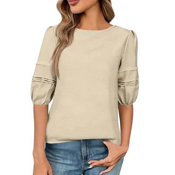 Giftesty Women's New Style Solid Color Round Neck 3/4 Sleeve Pleated Back Tie Casual Top for Daily Outfits