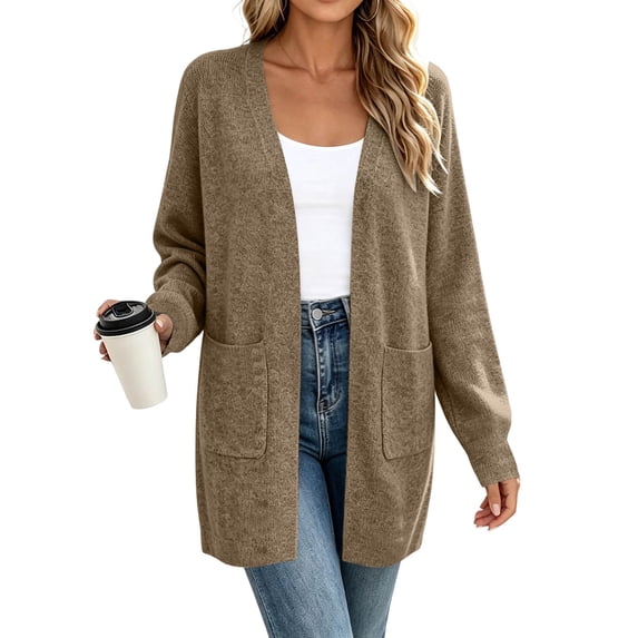 Giftesty Women's Open Front Knit Cardigan, Long Sleeve Solid Color Loose Long Cardigan Coat with Pockets Casual Outerwear