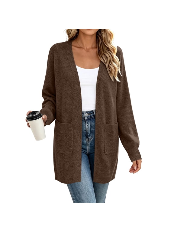 Women's Open Front Knit Cardigan, Long Sleeve Solid Color Loose Long Cardigan Coat with Pockets Casual Outerwear