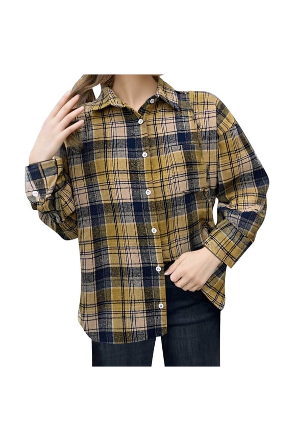 Women's Plaid Knitted Soft Stretchy Collar Neck Button-Down Long Sleeve Casual Regular Fit Shirt Top for Daily Wear