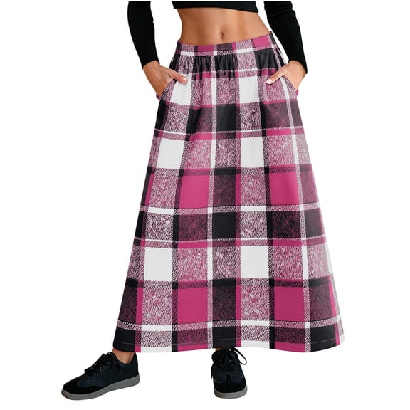Giftesty Women's Plaid Wool Blend Elastic Waist Belt Pocket A-Line Midi Skirt for Daily Casual Wear