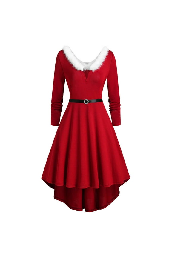 Women's Plus Size Christmas Plush V-Neck Solid Color Waist Cinching Flared Hem Long Sleeve Soft Comfortable Cosplay Dress for Holiday Gatherings Christmas Parties