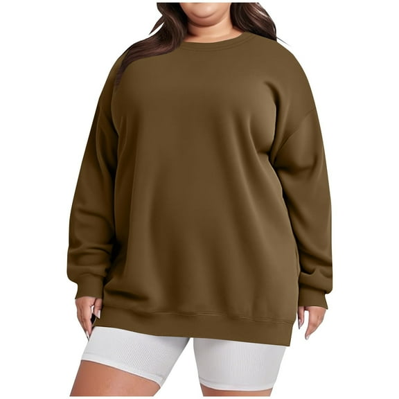 Giftesty Women's Plus Size Solid Color Crew Neck Long Sleeve Loose Hoodie-Free Casual Top for Daily Wear