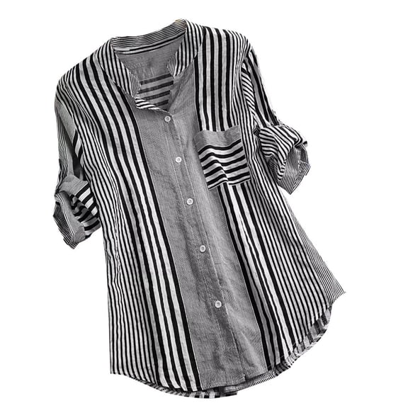 Giftesty Women's Plus Size Striped 3/4 Sleeve Cotton Blouse, V-Neck Loose Casual Button-Down Shirt